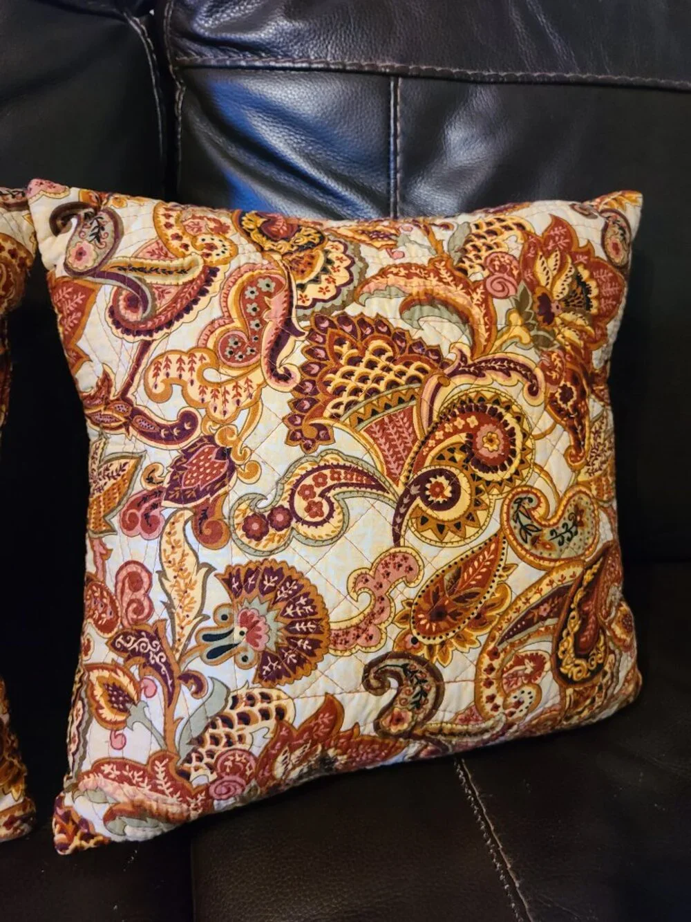 2 VTG Paisley Fan Throw Pillows Quilted Fabric Browns Red Beige Gold 14
